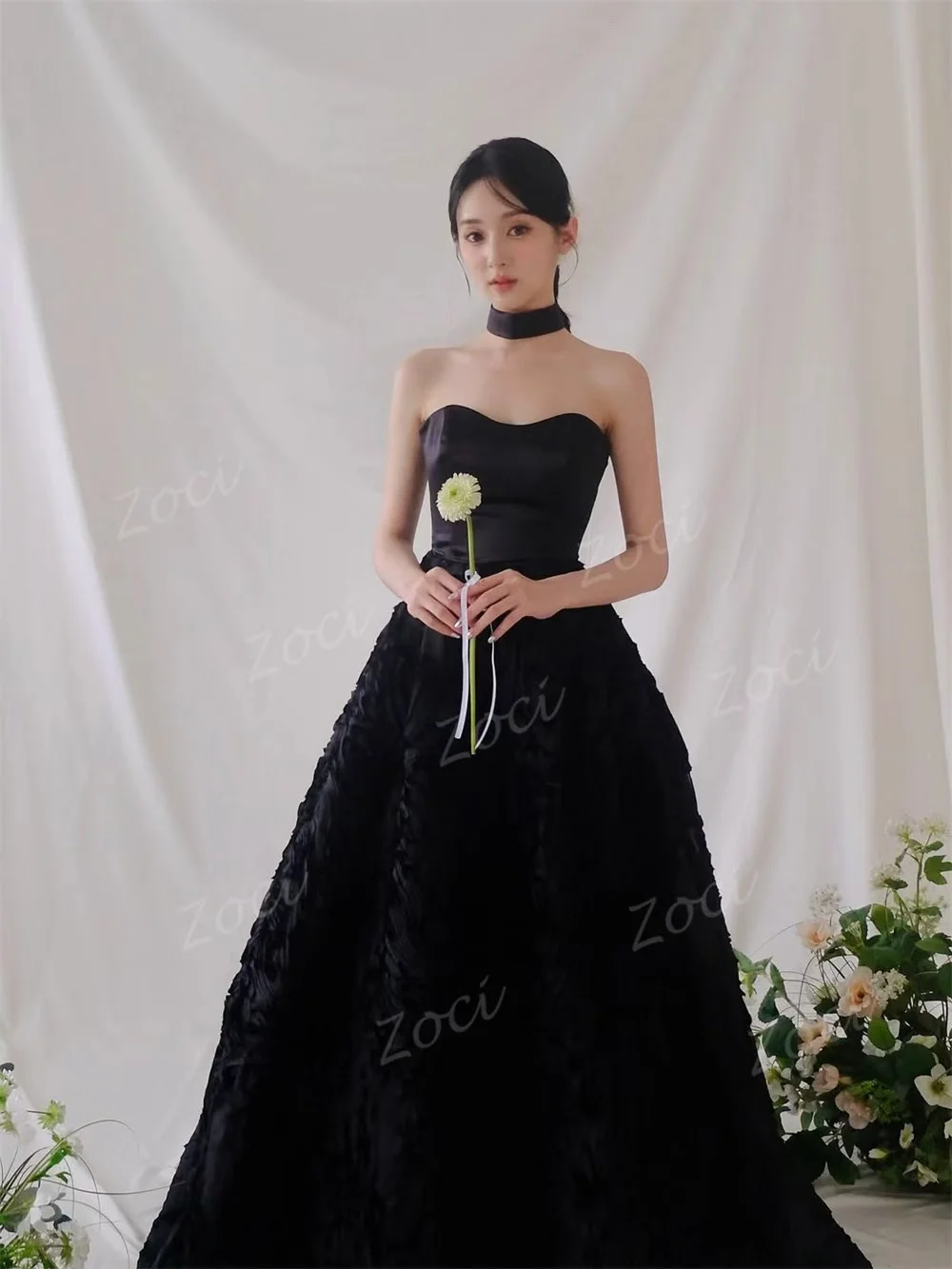 Zoci الحبيب الساتان الدانتيل الأسود كوريا فساتين الزفاف 3D الزهور ألف خط التقاط الصور العروس حزب أثواب مخصصة