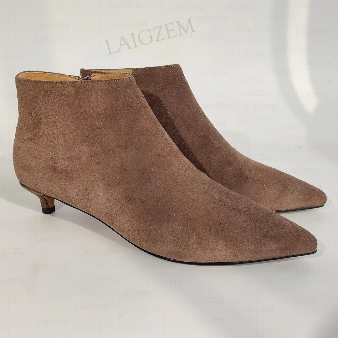 LAIGZEM Women Ankle Boots Suede Pointed Toe Side Zip 3.5CM Kitten Heels Short Booties Handmade Ladies Shoes Woman Size 33 36 40