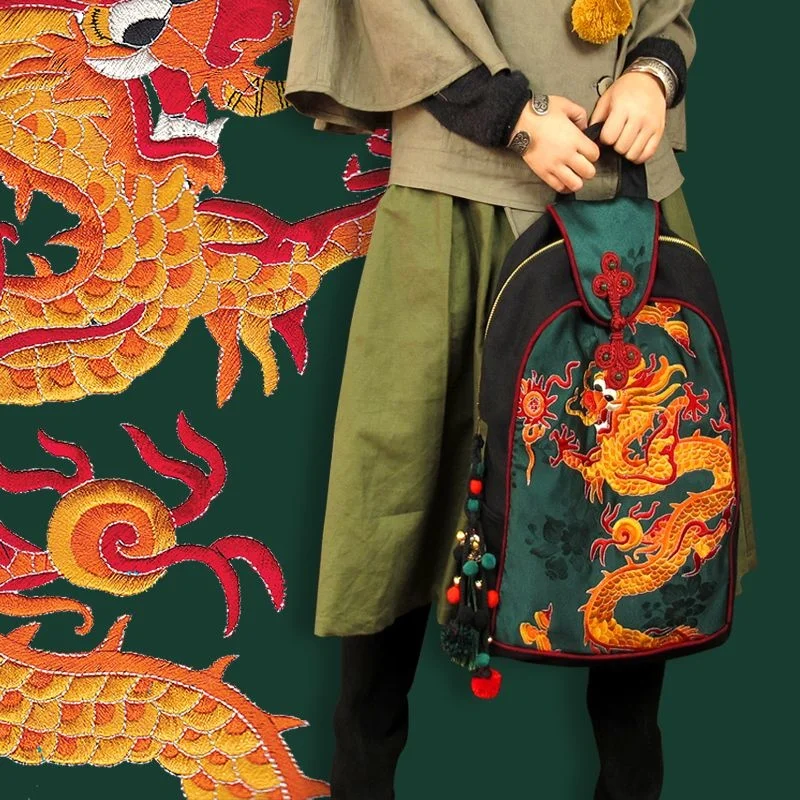 Chinese tradition Chic leisure travel dragon embroidery canvas backpack dragon ethnic bag schoolbag travelling bag Hiking bag