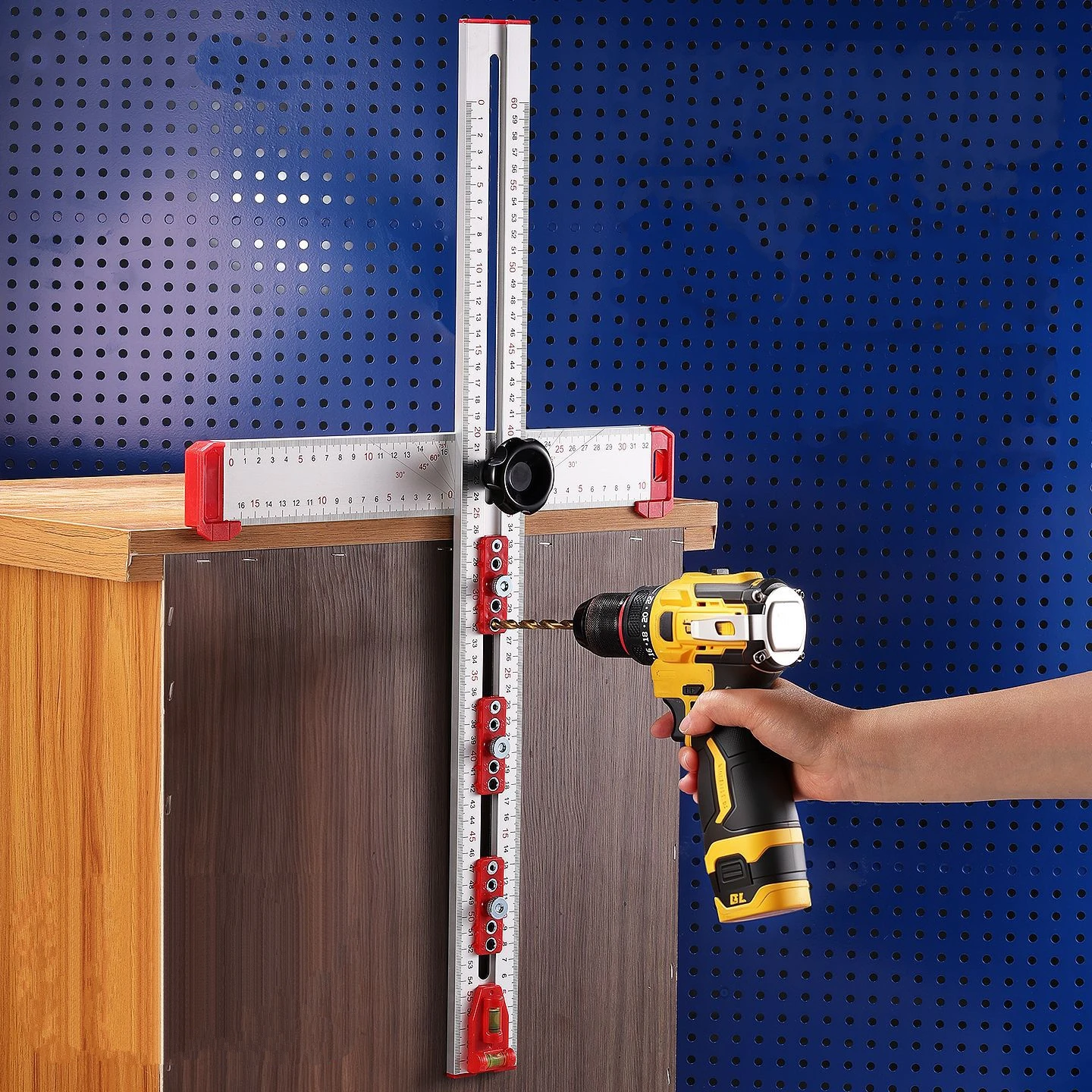 Adjustable 2-in-1 Drilling Drywall Positioning Square Ruler, Aluminum Alloy Cabinet Hardware Jig Door Hole Drilling Template