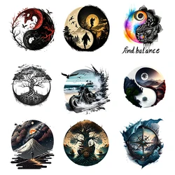 Landscape Art Iron On Sticker Circular Tai Chi Life Tree Heat Transfer Men's Clothing DIY Decorative Stripes Washable Vinyl
