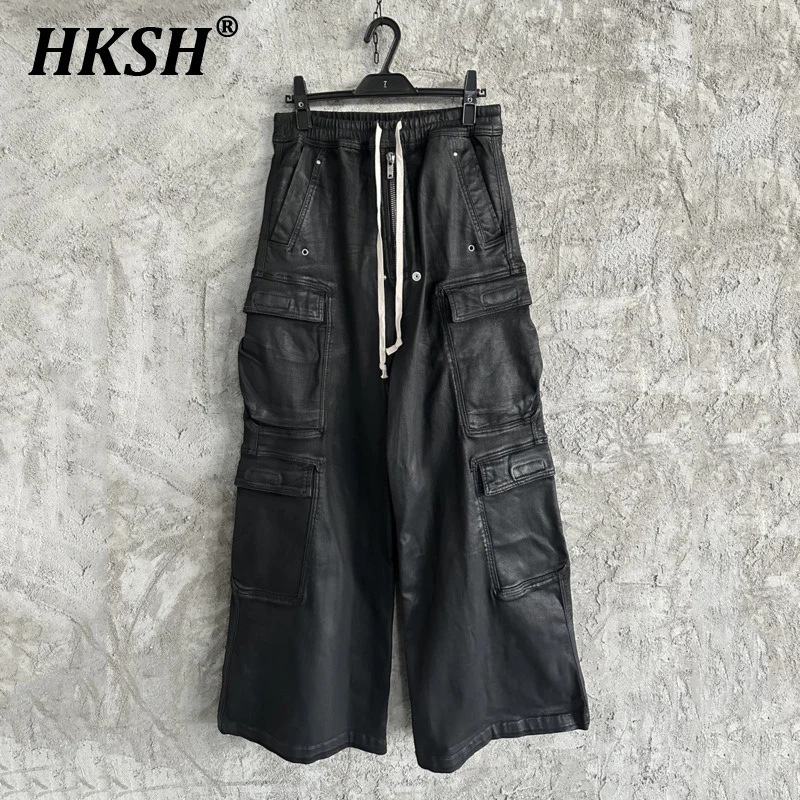 HKSH Spring Autumn New Men High Street Brushed Wax Coating Straight Flared Jeans Washed Vintage Casual Loose Cargo Pants HK6485