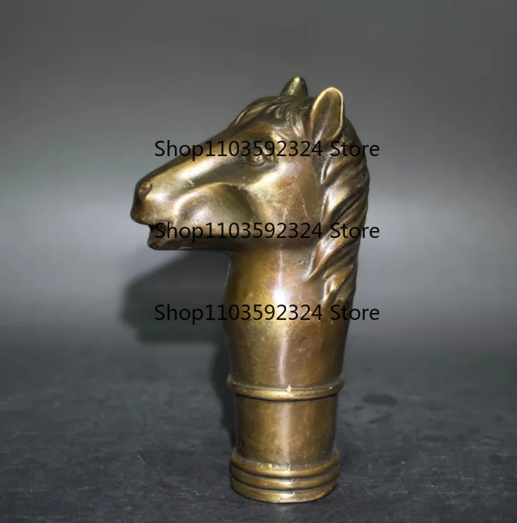 Size:13*7.5cm Chinese Old Bronze Hand Carved Chinese zodiac Horse Head Statues Antique Cane Walking Stick Head
