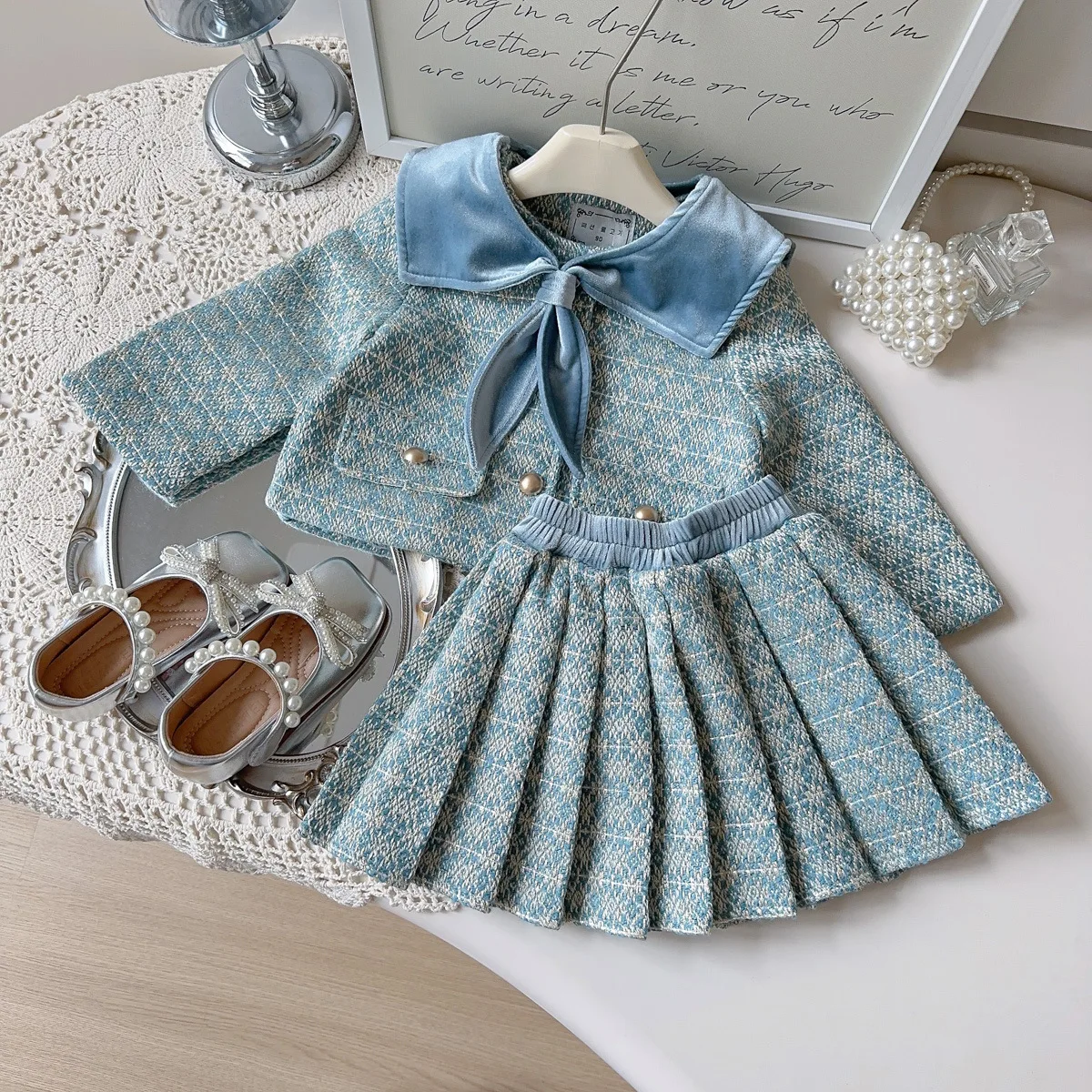 Girls' French Set Spring and Autumn 2025 New Style Baby Girl's Little Fragrant Coat, Two piece Folding Skirt Set