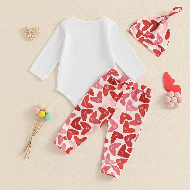 Toddler Girls Valentine s Day Outfit Long Sleeve Heart Print Romper Pants Hat Set O Neck Letter Print Baby Girl Clothes