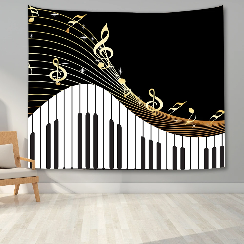 Black and White Piano Keys Tapestry Musical Note Wall Hanging Cloth Music Symbol Home Bedroom Living Room Decor Wall Blanket