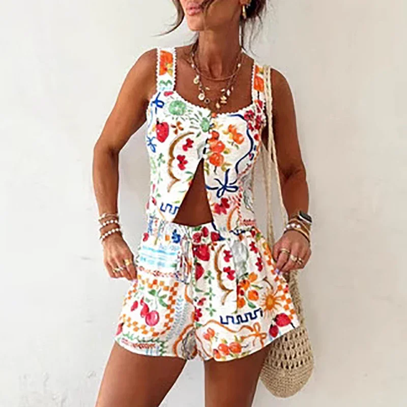 

Fashion Pattern Printed Sleeveless Vacation Sets Leisure Square Collar Vest&Shorts Set Elegant Women Loose Commute Two Piece Set