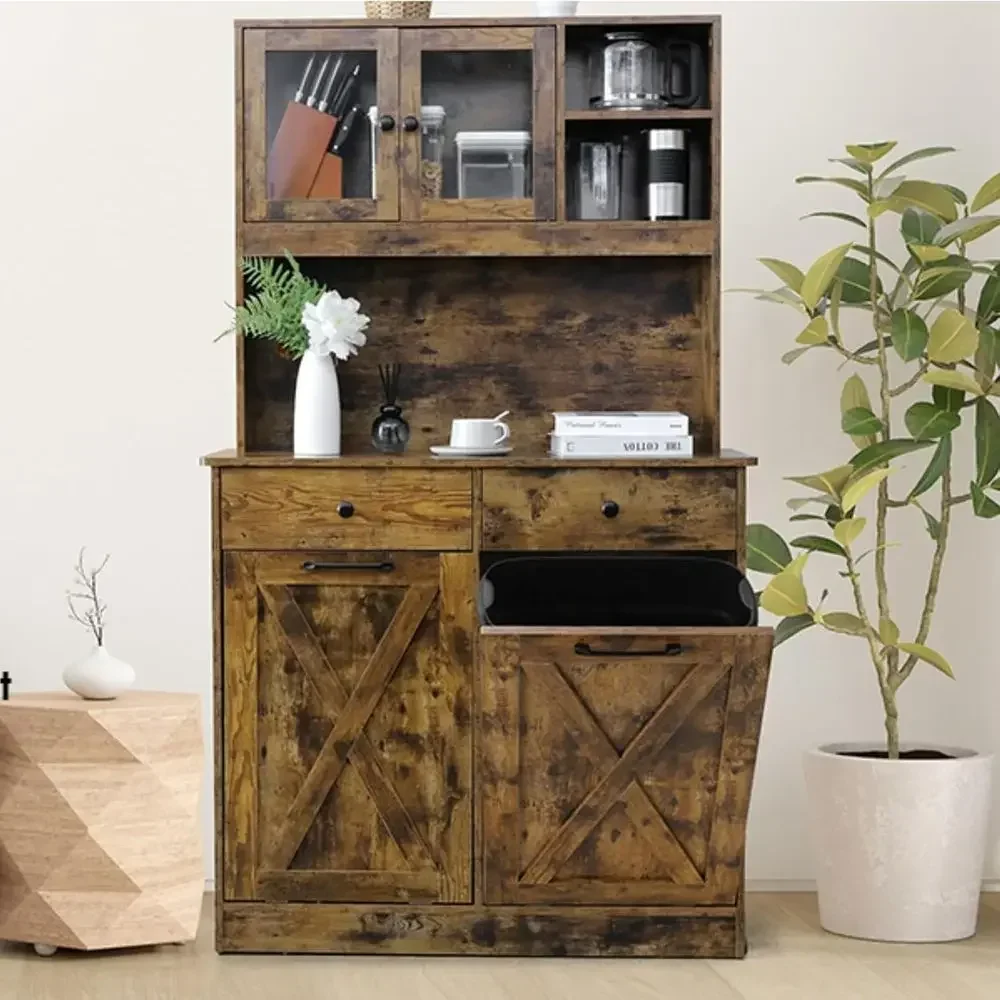 Large Double Storage Cupboard with 2x10 Gallon Trash Bin Holders, Rustic Wooden Laundry Closet and Countertop Shelves