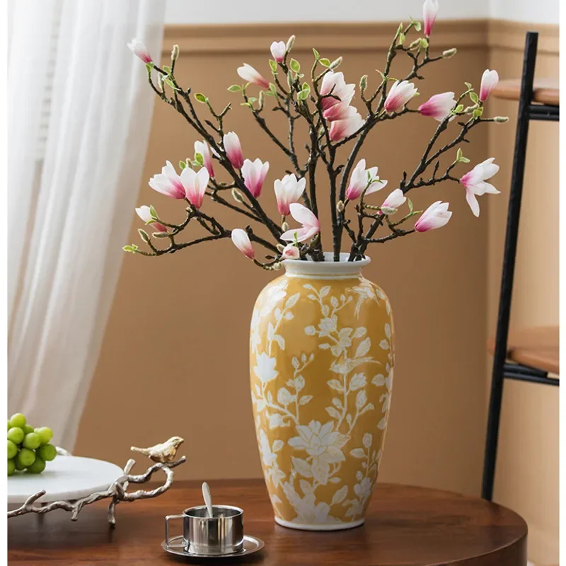 Rich Orchid Blue White Porcelain Yellow Ceramic Flower Vase Tea Table Craft Ornaments Underglaze Painting Hydroponic Container