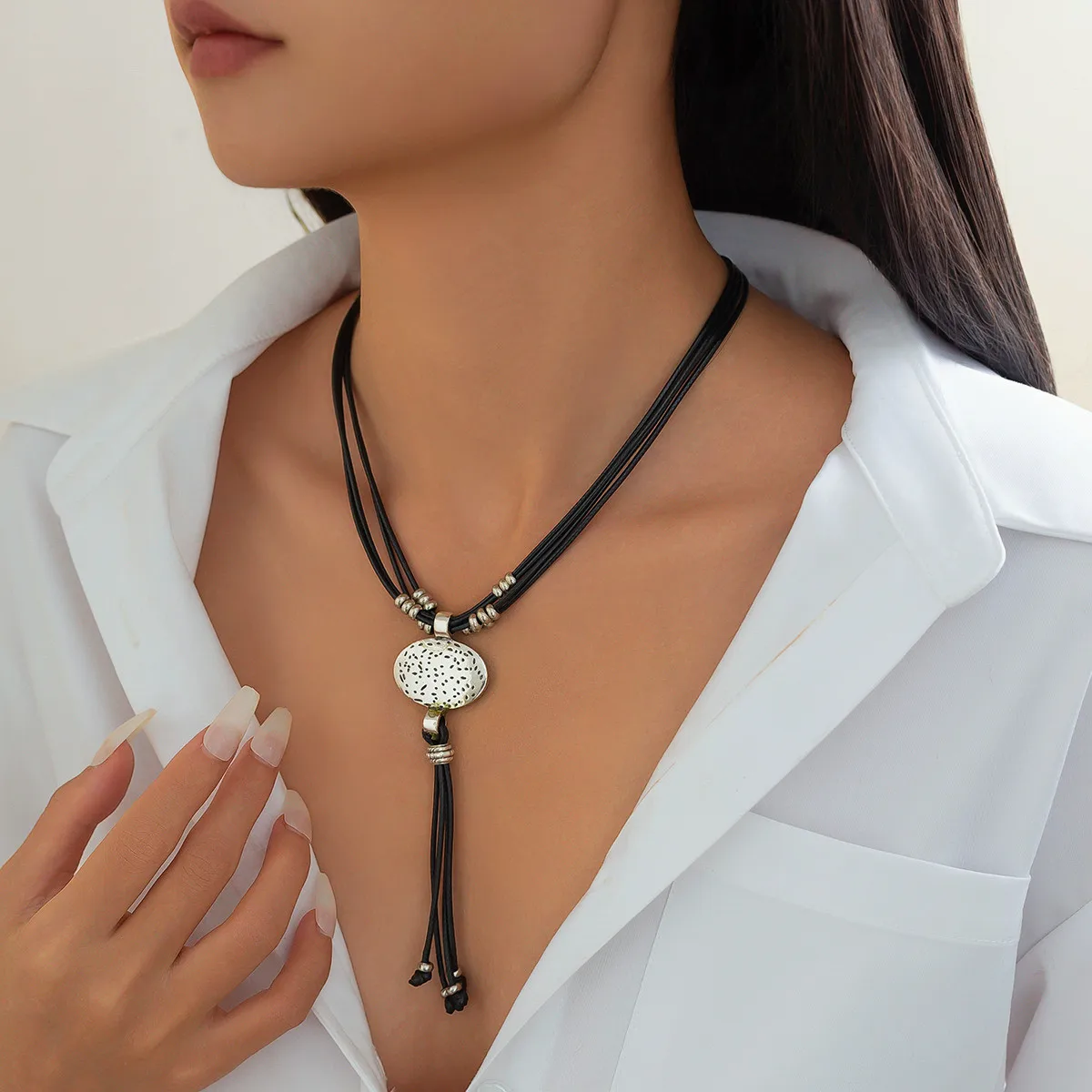 SHIXIN Vintage Round Pendant Long Tassel Necklace for Women Ethnic Multi Layer Leather Rope Chain Choker Neck Jewelry Accessory