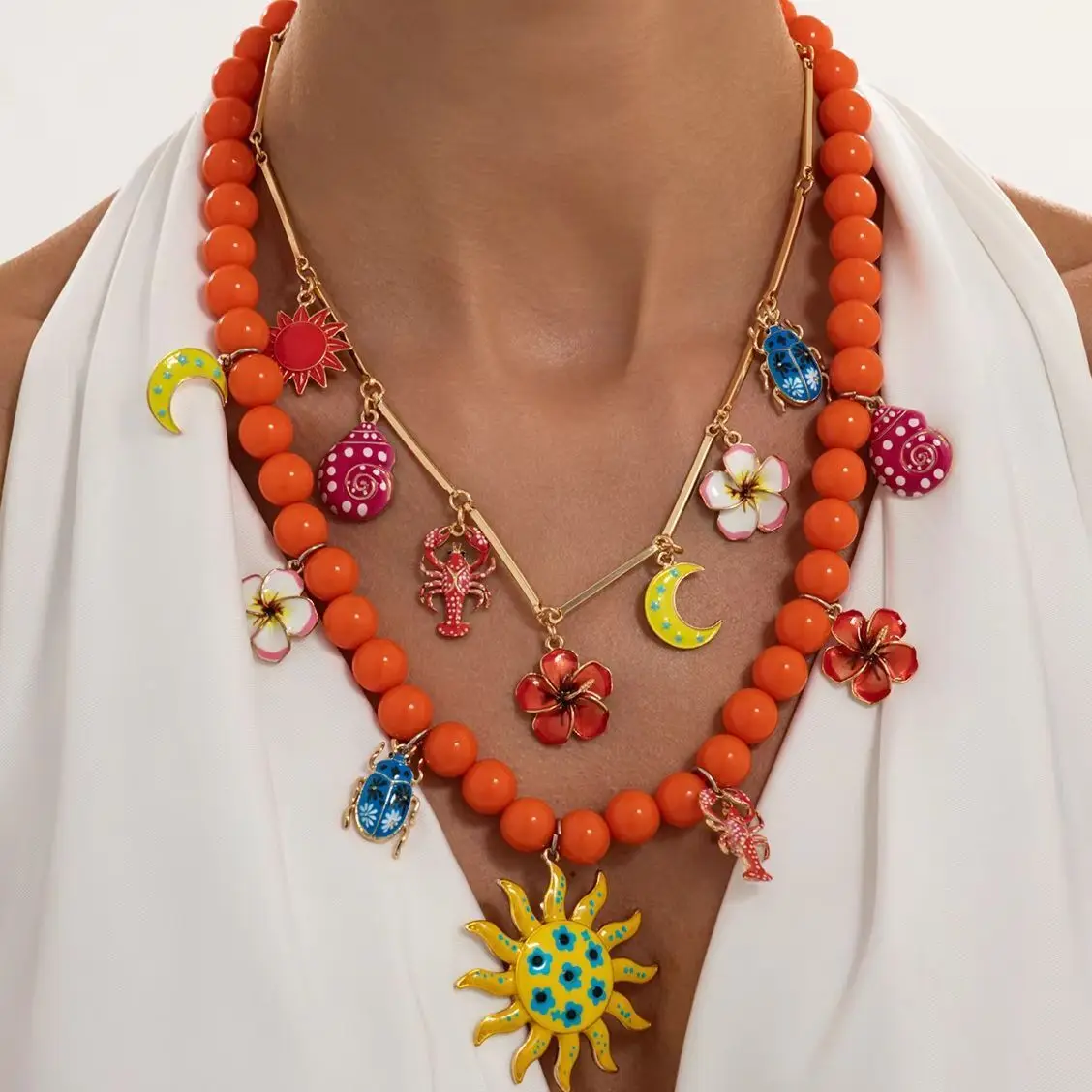 SHIXIN 2Pcs/Set Bohemian Orange Beaded Sun Flower Moon Lobster Pendant Necklace Women Summer Beach Party Y2K Jewelry Accessories
