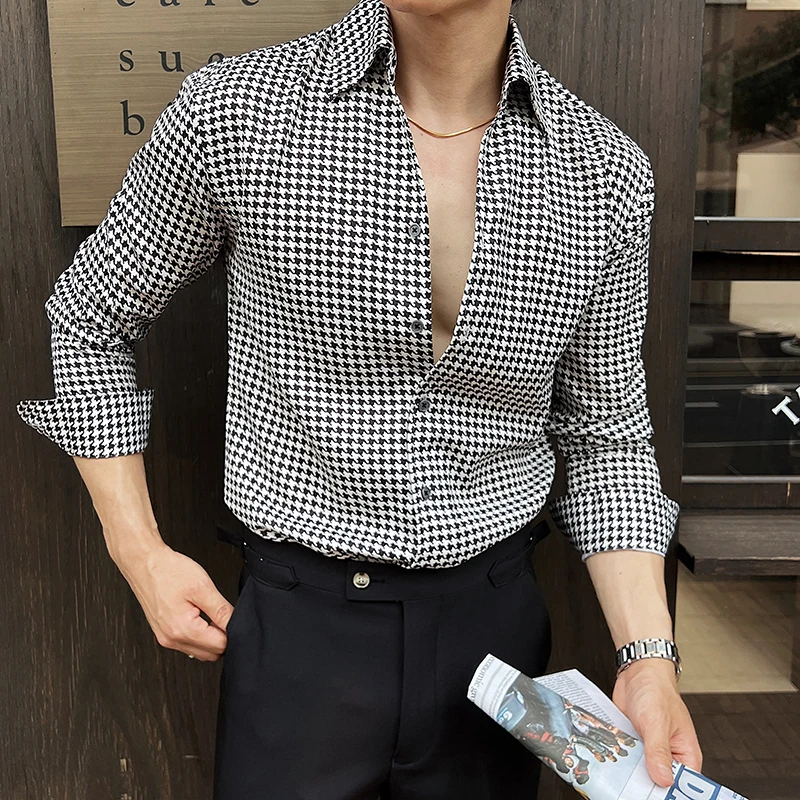 

Мужские рубашки с узором «гусиные лапки», корейская мода, отложной воротник, длинный рукав, мужская социальная рубашка, облегающее повседневное драпированное платье-смокинг для выпускного вечера