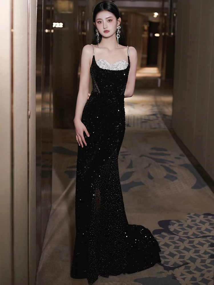 

Elegant Black Strapless Fish Tail Gown for Toasts And Year End Parties Korean Style Long Evening Dress with Beads for Women