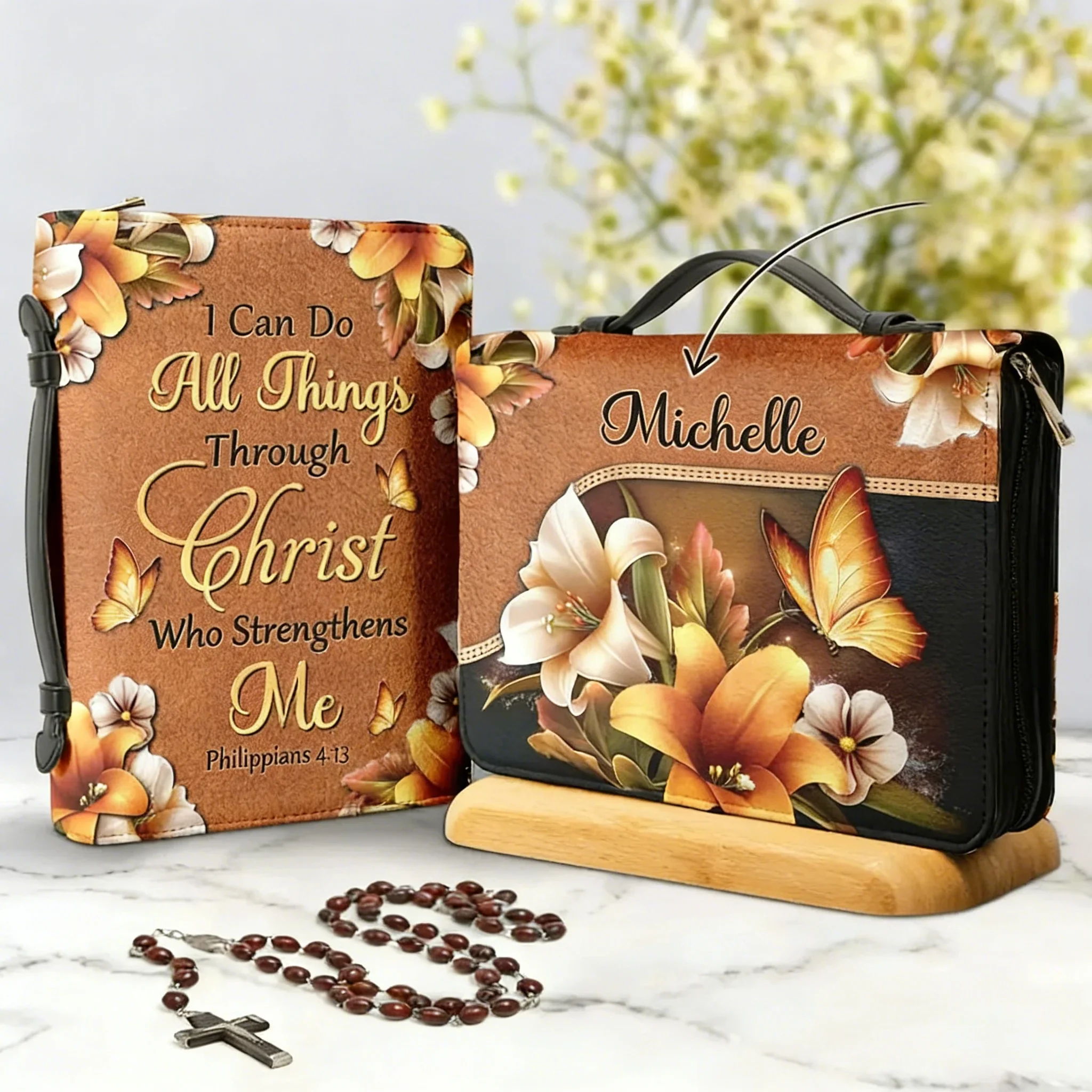 

Women's PU Leather Christianity Bible Bag Pretty Floral Butterflies Bible Hymns Print Personalized Bible Cover Paquete Bíblico