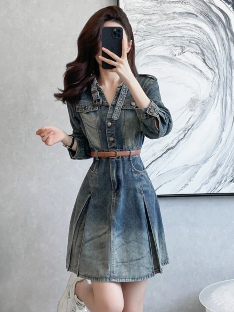 

Autumn Spring Single Breasted Denim Pleated Short Dress Fashion Women Notched Neck Long Sleeve Pockets Slim Waist Mini Clothes