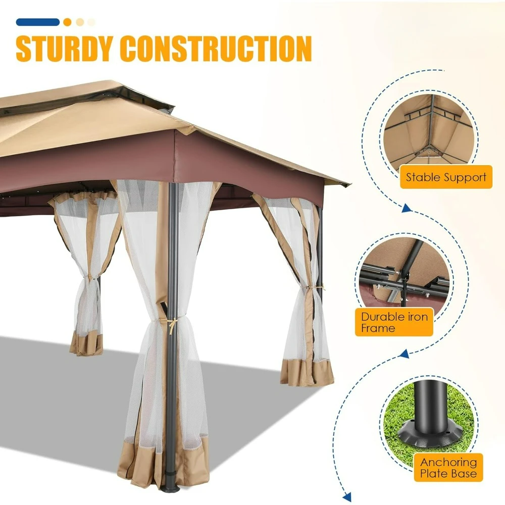 Gazebo 12x20, gazebo externo em folga com telhado plano duplo ventilado, cortinas de privacidade e mosquiteiro, barraca de dossel