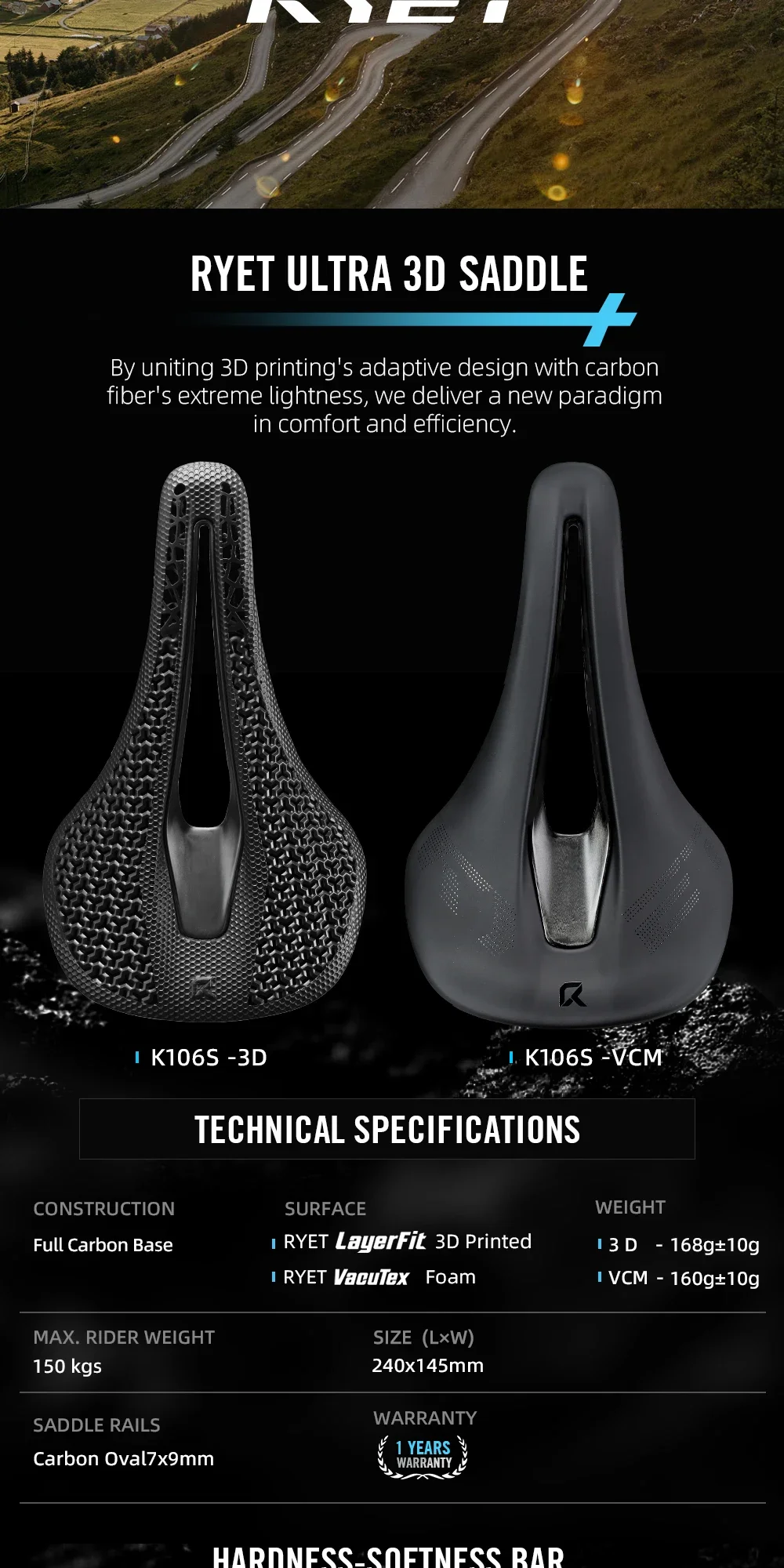 2026 RYET K106S 3D-gedruckter/VCM Carbon Fahrradsattel 168g Ultraleicht T800 Schienen MTB Rennrad Gravel 240*145mm Fahrradsitz Fahrradteile – Detail 2