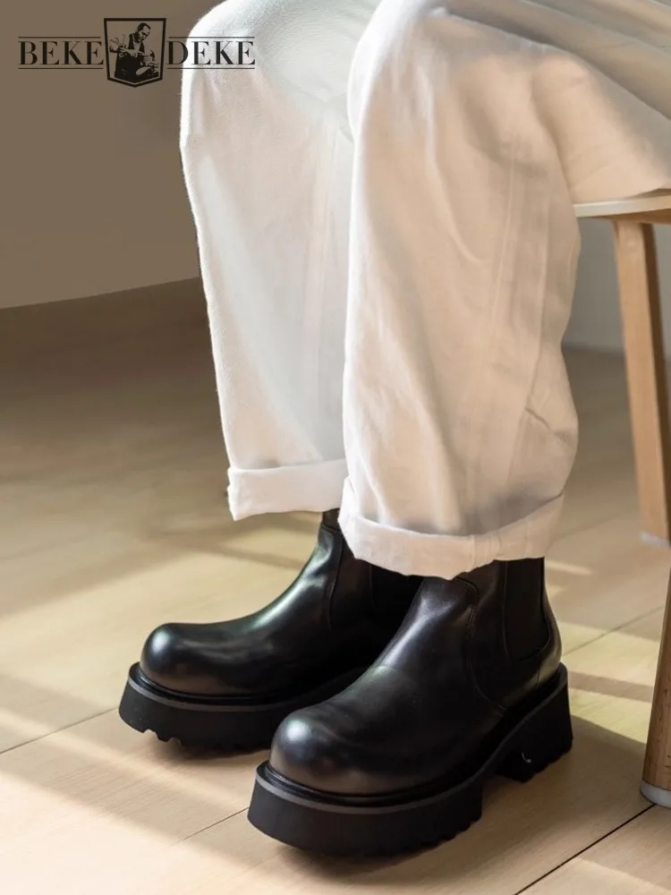 

Зимние мужские ботинки челси из натуральной яловой кожи с круглым носком на толстой платформе, высокие ботильоны без шнуровки, рабочая обувь на флисовой подкладке