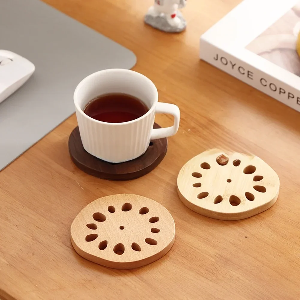 Set Of 4 Wooden Coasters With Holder PlantBased Material Heat Resistant For Coffee Tea Cups Modern Minimalist Table Accessory
