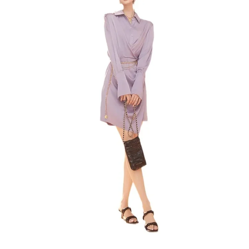 Temperament Washed with Acetic Acid, Cross Pleated, Slimming and Fake Two-piece Long Sleeved Shirt Dress Lavender Purple Dress