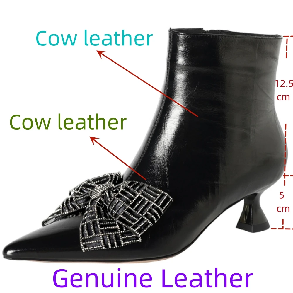 【JOCHEBED HU】Handmade Genuine Leather ﻿Ankle boots Metallic Style Butterfly Knot Pointed Toe Womens Shoes Sex High Heels 34-40