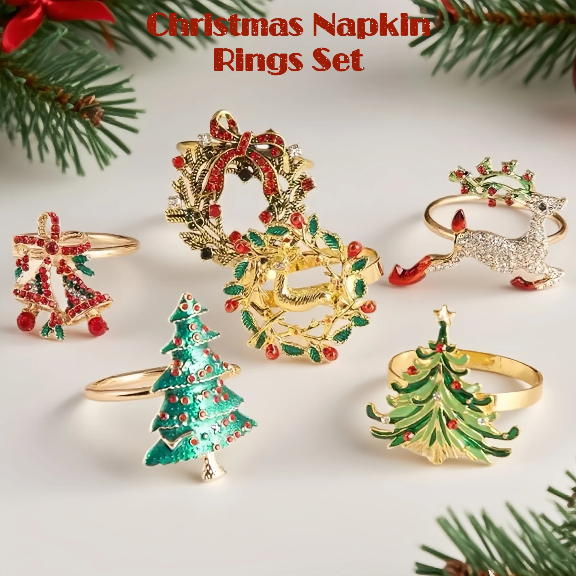 

Christmas Tree Reindeer Candy Cane Metal Napkin Rings Set of 6-12-18-24 with Bells Wreath Pine For Table Setting Napkin Holder