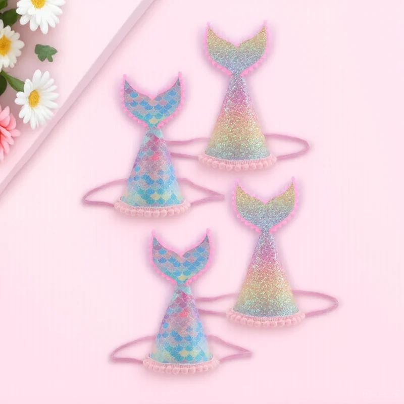 

4Pcs Mermaid Tail Caps Shiny Sequins Elastic Band Birthday Party Hats Photo Props Birthday Hats Photo Props