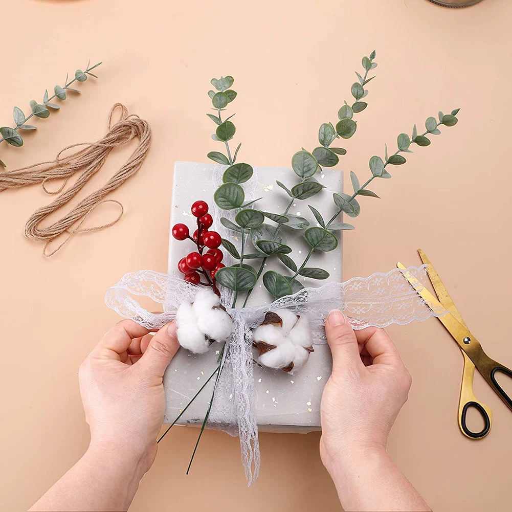 20 szt. sztucznych gałęzi zielonych roślin o długości 38 cm, dekoracja stołu na przyjęcia i ciasta, sztuczne gałązki eukaliptusa do samodzielnego wykonania bukietów ślubnych, do ogrodu w stylu wiejskim.