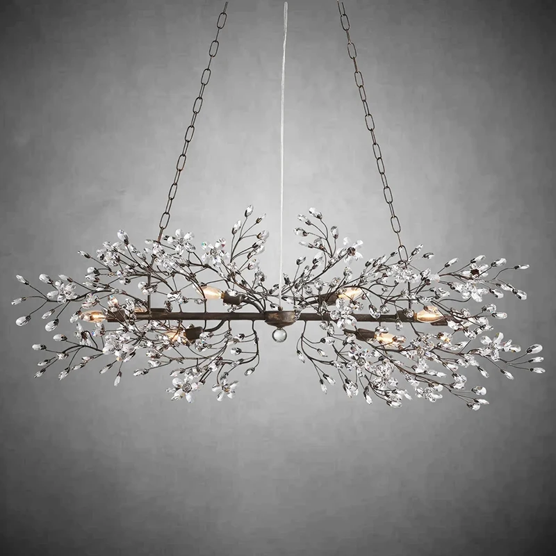 Luxury Crystal Flowers Chandeliers Vintage Linear Chandelier for Dining Room Living Room Kitchen Island Iron Lighting Fixtures
