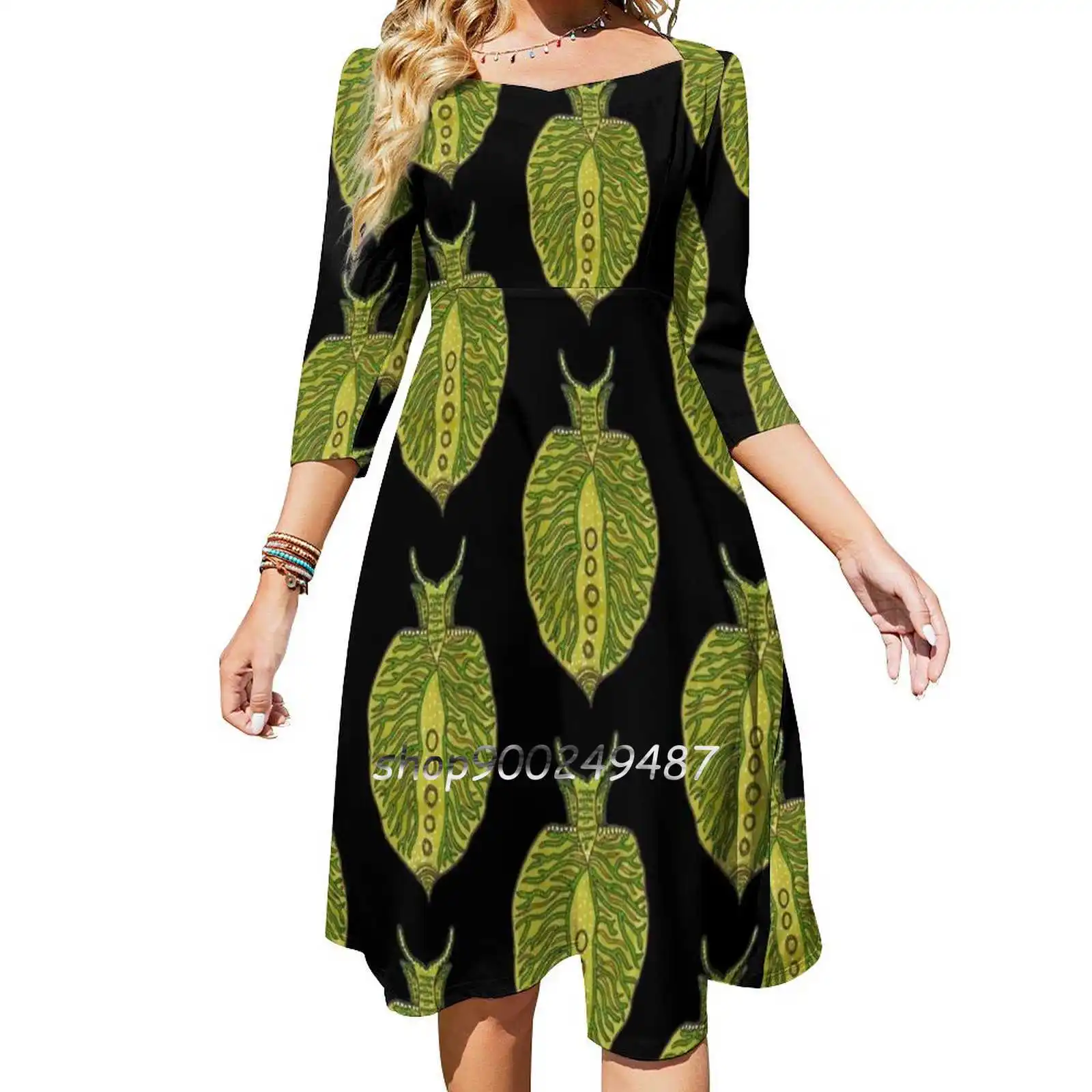 Emerald Green Sea Slug Sweetheart Knot Flared Dress Fashion Design Large Size Loose Dress Nudibranch Sea Slug Marine Biology