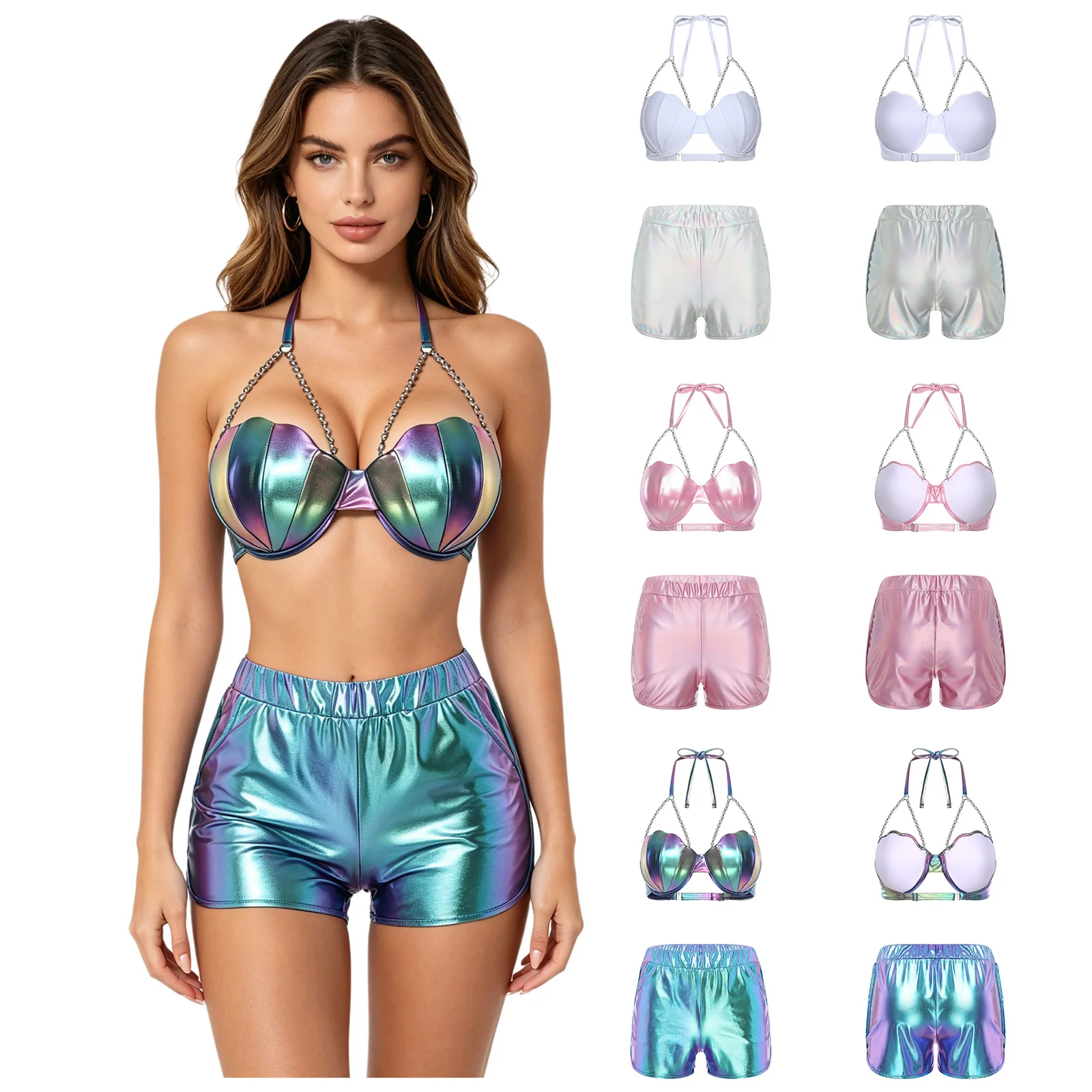 Women Metallic Shiny Sportswear Swimwear Halter Neck Shell Shaped Bikini Bra Top with Booty Shorts for Nightclub Fitness Beach
