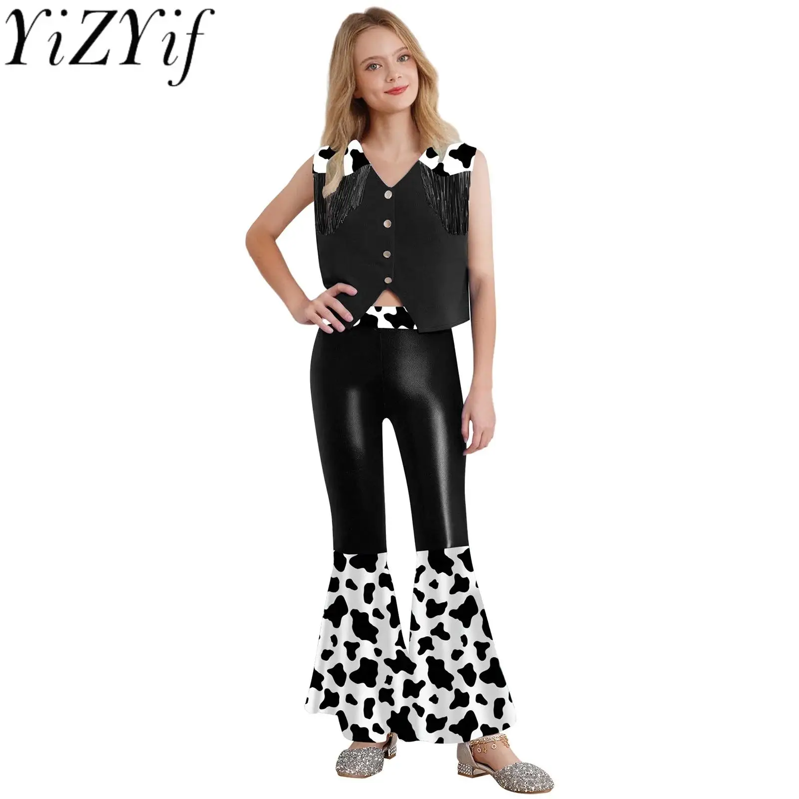 

Two Pieces Western Cowgirl Hippie Cosplay Costumes Tassel Vest Top And Metallic Cow Print Pants Halloween Party Outfit