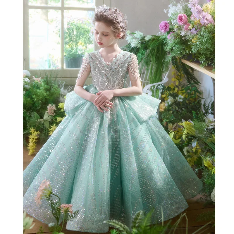Elegant Girls Formal Dress Floral Green Evening Gown Little Wedding Flower Girl Piano Gown Miss Birthday Party Princess Pageant