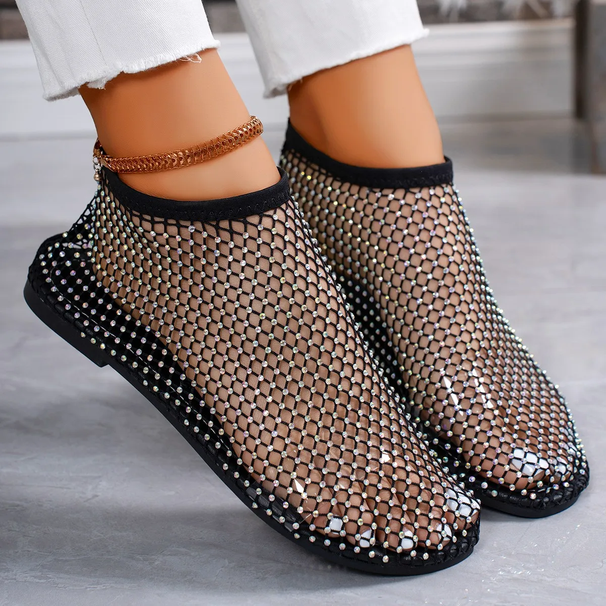 Hot Women\'s Shoes Luxury Diamond Round Head Ladies Shoes on Offer Women\'s Sandals with Elastic Fishnet Socks Slippers 36-43