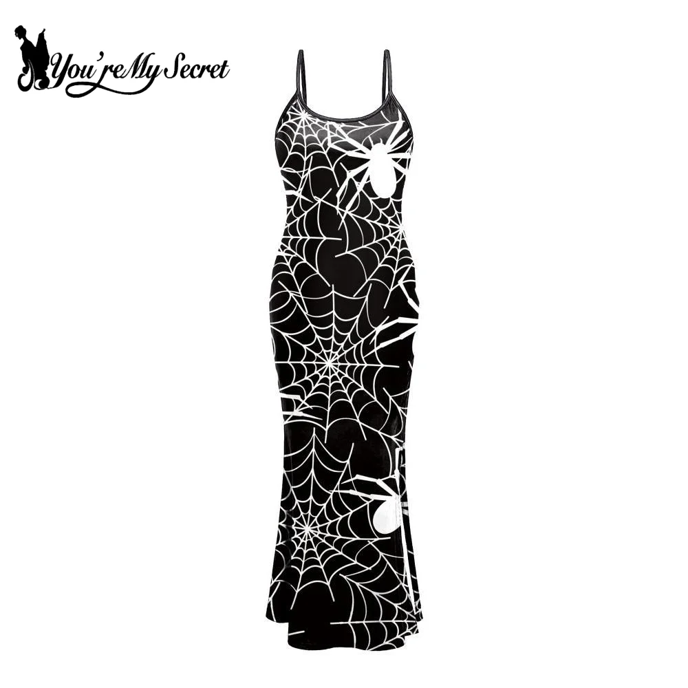 [You're My Secret] Robe gothique à imprimé toile d'araignée, costume d'été pour fête d'Halloween, robe sexy sans manches pour femmes, tenue longue noire