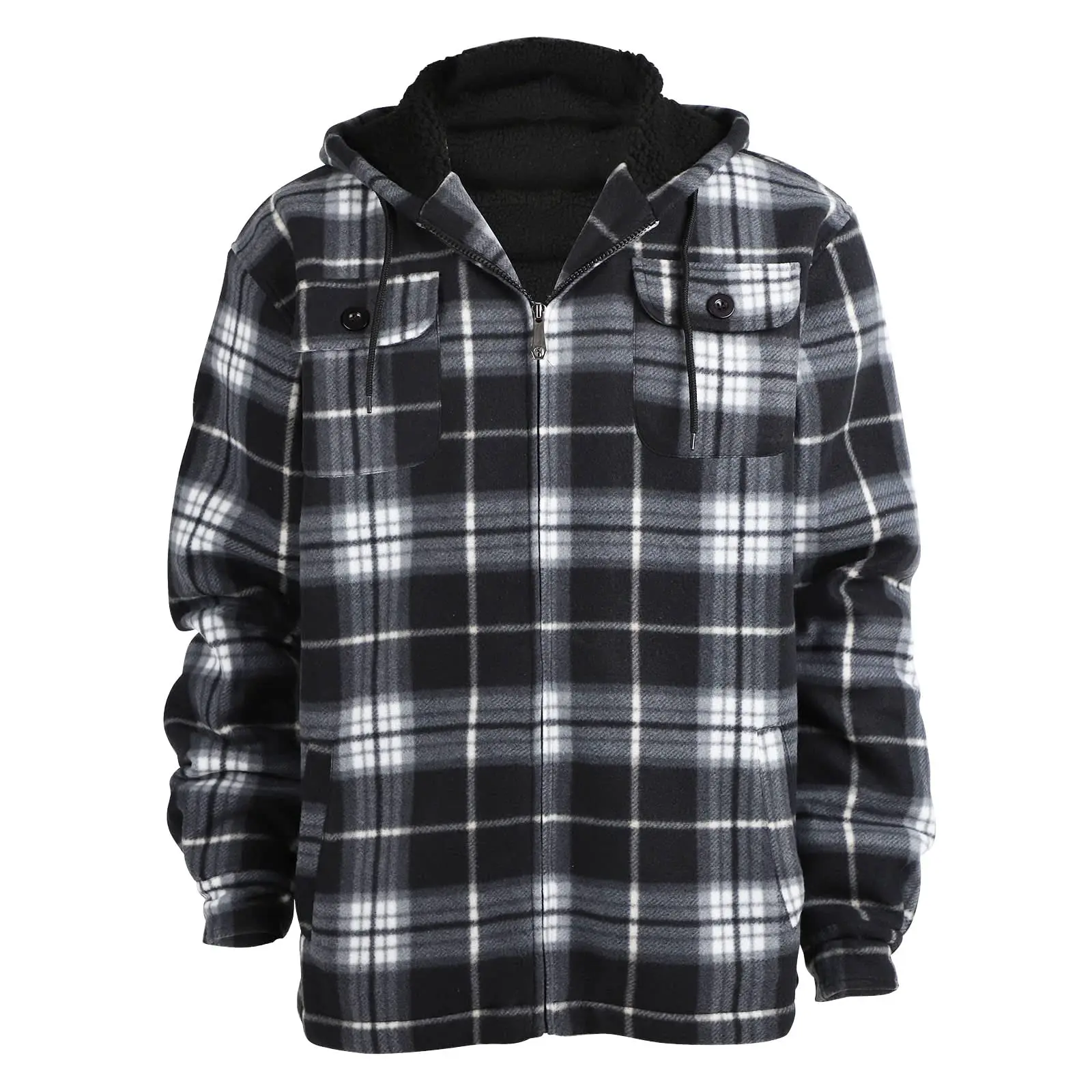 Mens Flannel Jackets Sherpa Lined Fleece Zip Up Winter Warm Workout Plaid Sweatshirt with Hood