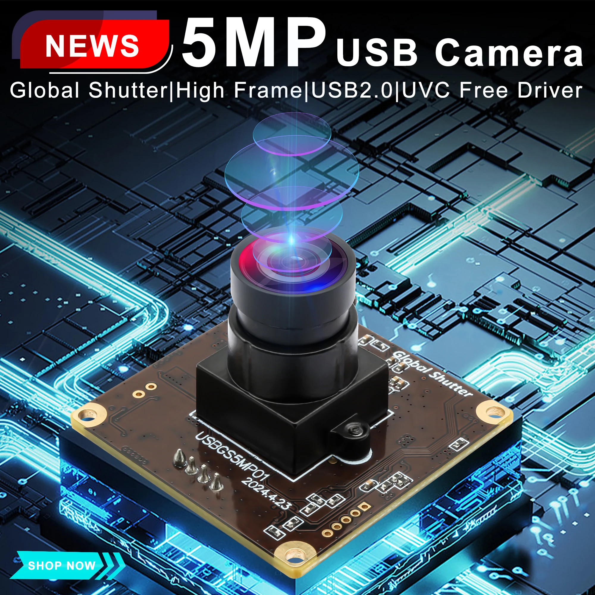 ELP 5MP Global Shutter USB Camera Module Wide Angle No Distortion Lens USB Camera High Speed 60fps 1080P HD Webcam PC Pro Camera