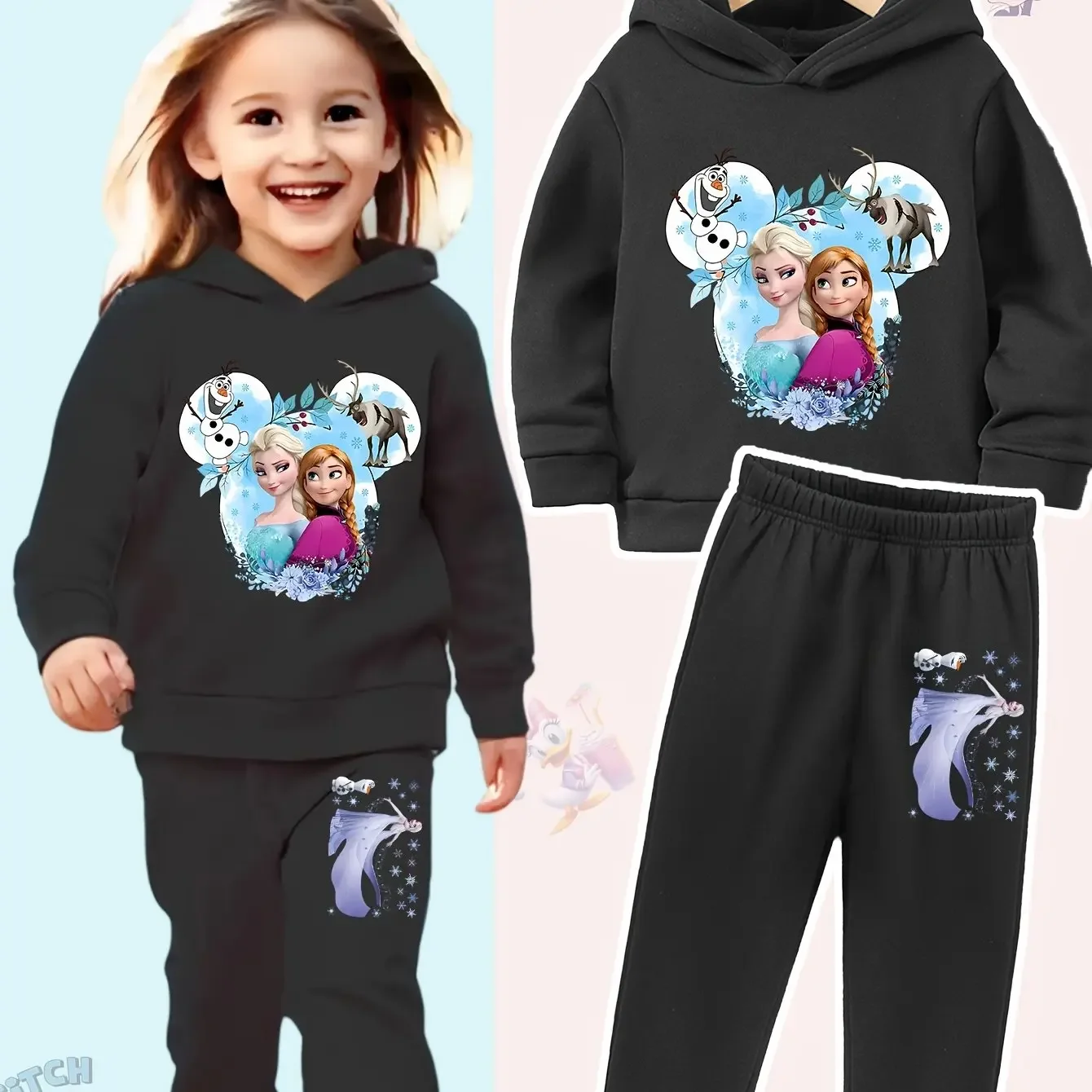 

Disney Girls' Hooded Sweatshirt and Pants Set, 2pcs with Elsa Princess and Anna Pattern Print, Hooded Sweatshirt