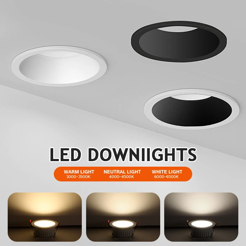 Anti-reflexo embutido LED Downlights, luzes de teto reguláveis, lâmpadas de fundo, iluminação interior, 3W, 5W, 7W, 10W, 12W, 15W, 220V, 110V