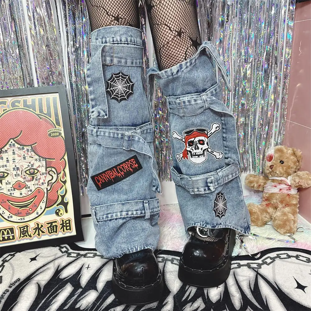 2024 Hot Girl Streetwear Fashion Original Spider Skull Web Embroidery Denim Leg Warmer Punk Casual All-Match Thigh High Socks