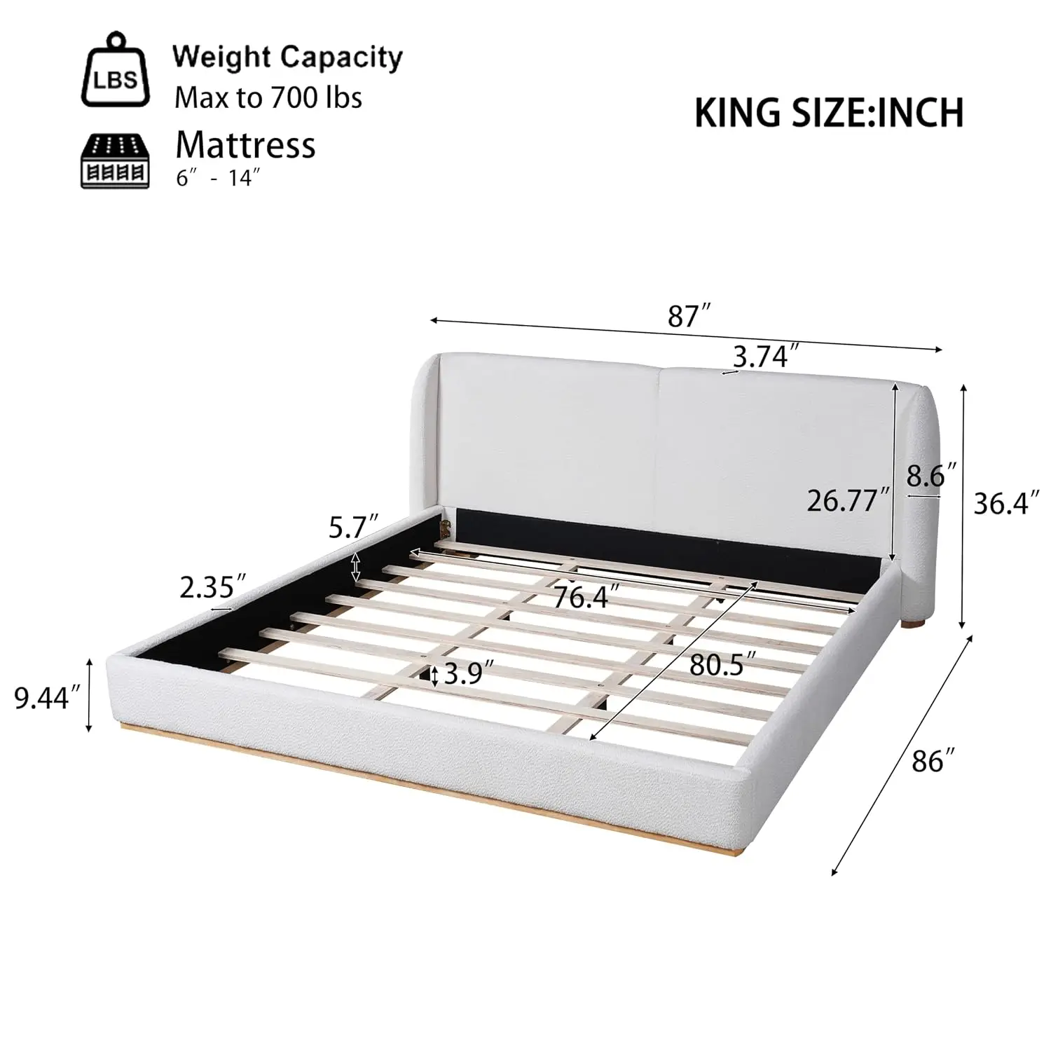 King Size Bed Frame Rounded Wingback Headboard Boucle Fabric Upholstered Platform Bedroom Furniture, Customized image 3