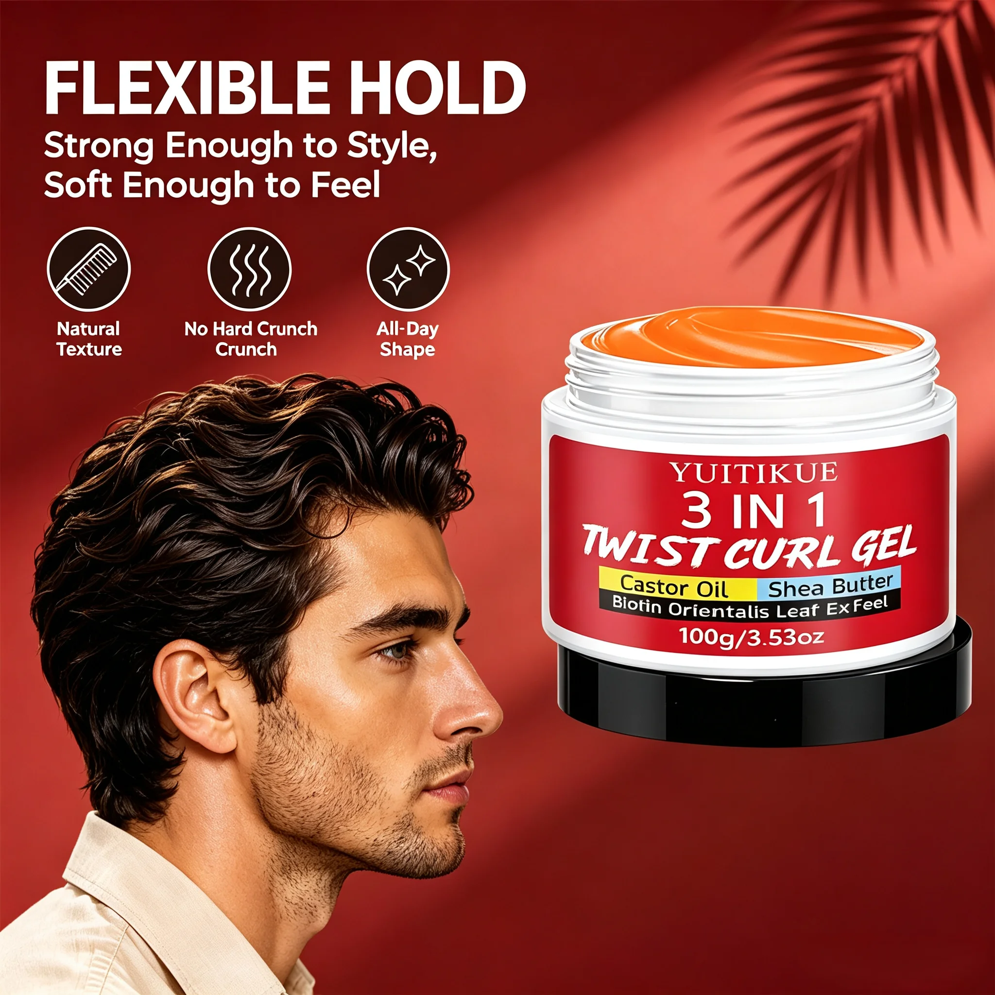 **YUITIKUE 3 IN 1 Twist Curl Gel Infused with Castor Oil Biotin Shea Butter Lightweight Flexible Hold Hair Styling Cream**