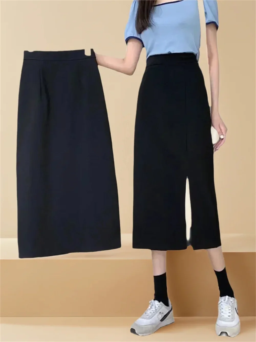 2024 New High-waisted A- line Slim Design Side Slit Skirt For Women Spring Summer Autumn Black Preppy Style Pleated Skirts