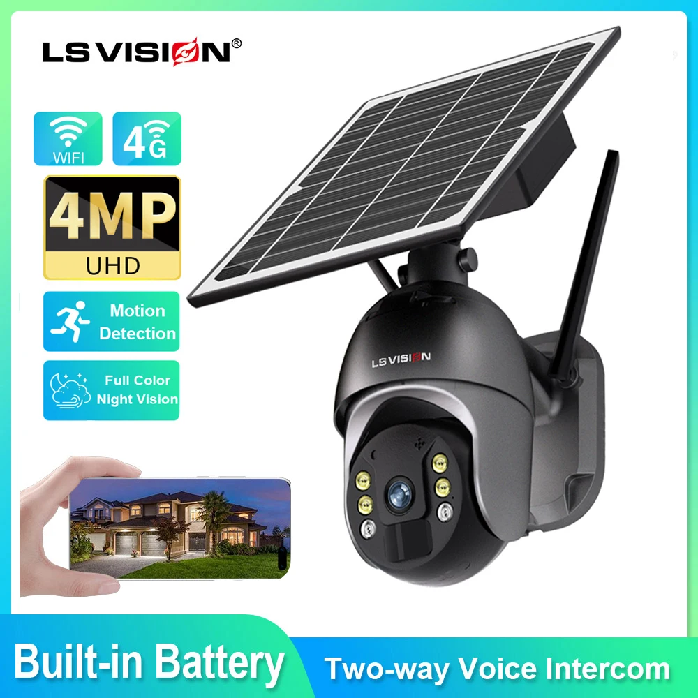 

LS VISION 2K 4G Solar Security Camera Outdoor 4MP Wireless WiFi PTZ Human Detection Surveillance Cam with 8W Solar Panel IP66