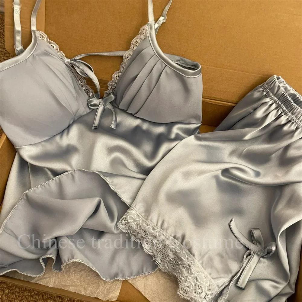 Sexy Lace Trim Bow 2Pcs Cami Top&shorts 2024 Summer New Sleepwear Lady Pyjamas Set 2Pcs Backless Lingerie Cozy Nightwear