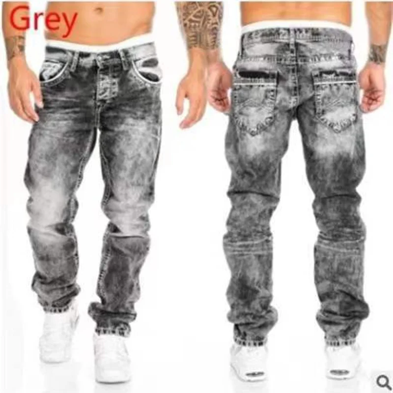 Vintage Wash Rechte Hiphop Jeans Heren Streetwear Casual Denim Cargo Broek Lente En Herfst Rits Print Stretch Jeans