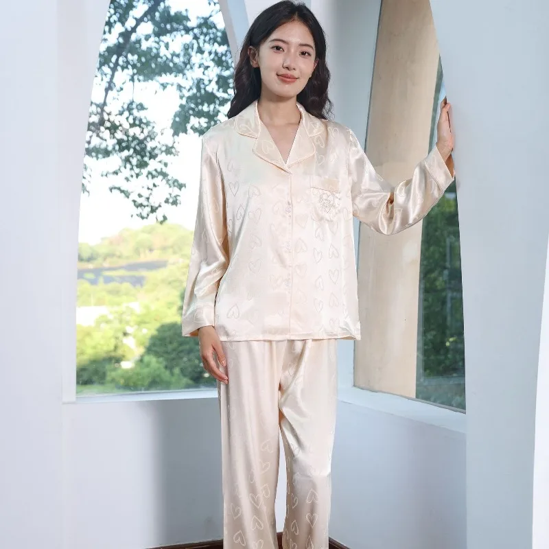 

New Style Spring Summer Fall Thin Ice Silk Heart Design Premium Feeling Long Sleeve Pants Loungewear Set