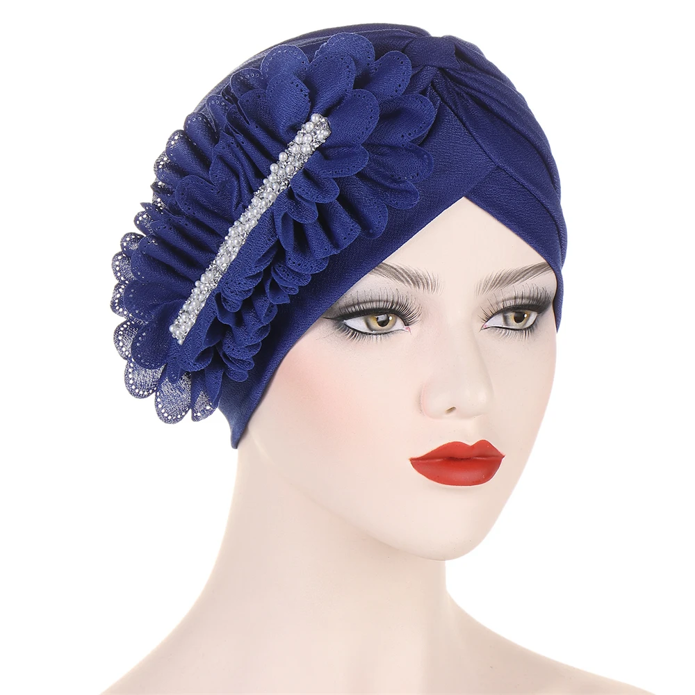 Turban musulman à volants de fleurs et de diamants pour femmes, Hijab intérieur islamique, casquettes de chimio, bonnet arabe, écharpe ronde, 2023