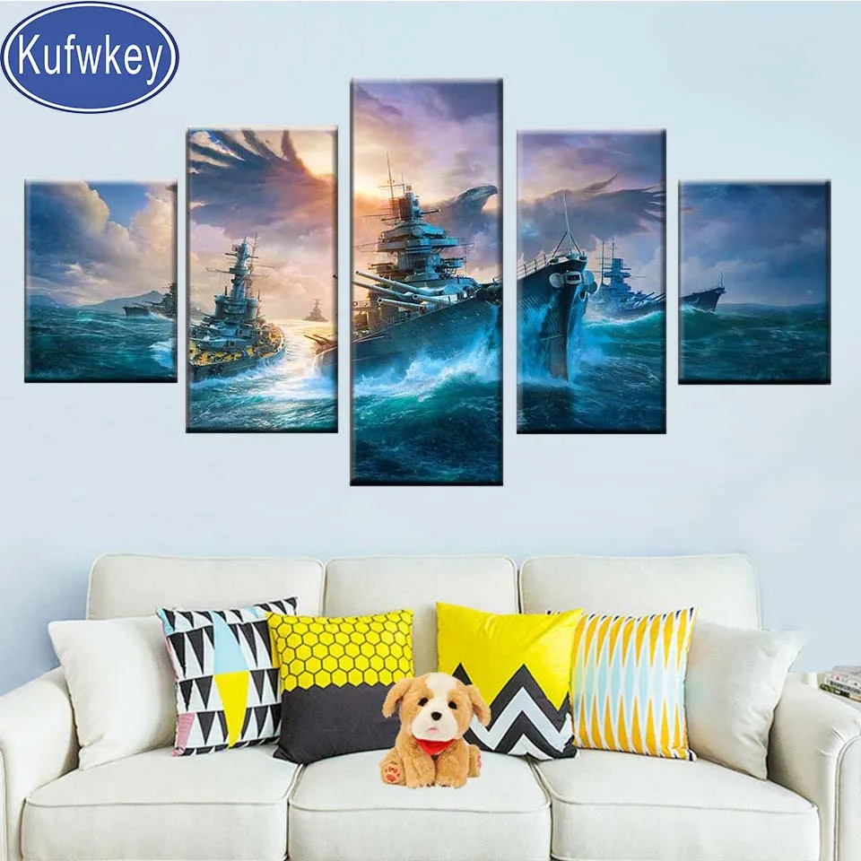 

5 Panel Sea Boat And Eagle Diy Diamond Painting Landscape diamond embroidery Warship Pictures full Square Round Drill Home Decor