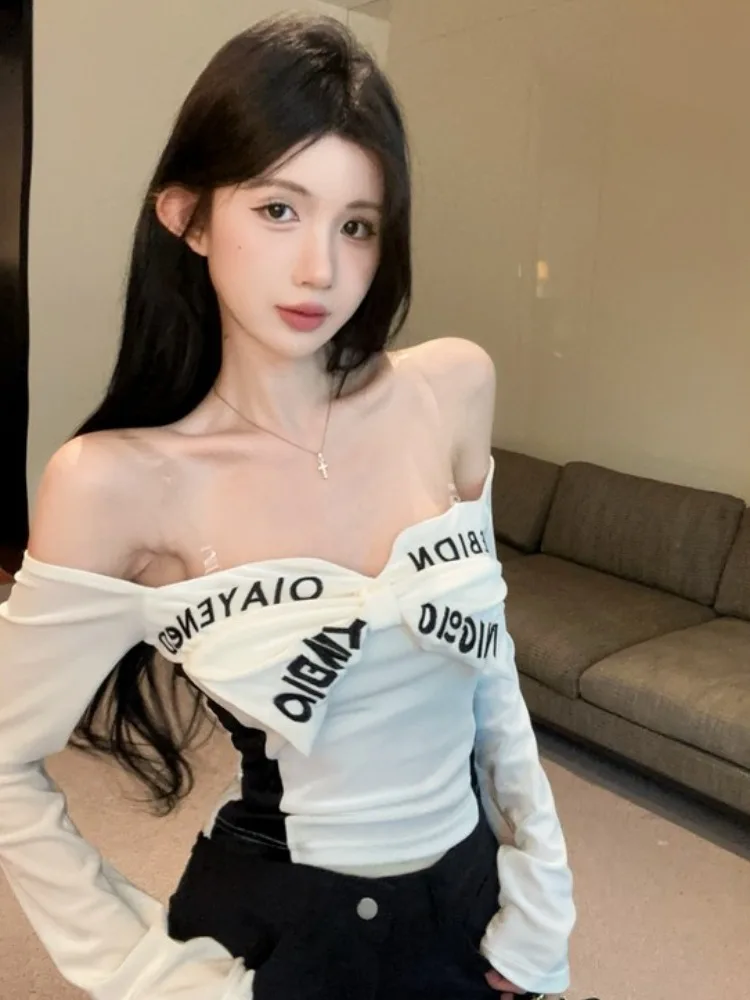 

Velvet Long Sleeve T-Shirt Women's Autumn Winter Pure Desirable Sexy One Shoulder Base Shirt Inner Wear Chic Elegant Top